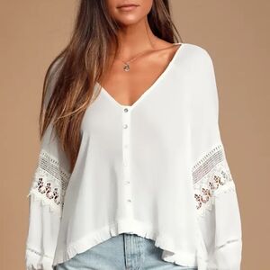 Lulus Boho Lace-Trim V-Neck Blouse Small
